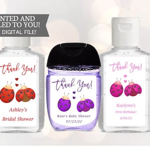 Etichetta disinfettante per le mani personalizzata coccinella, adesivo personalizzato grazie baby shower favore, etichetta disinfettante per le mani del bambino coccinella, etichetta baby shower