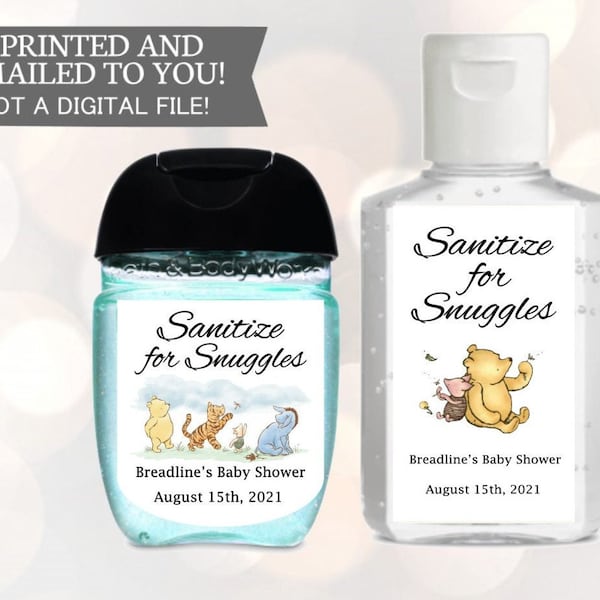 Hand Sanitizer Labels for Baby Shower, Eeyore & Winnie the Pooh Baby Shower Labels, Sanitizer Favor Labels, Snuggles, Sanitize for Snuggles