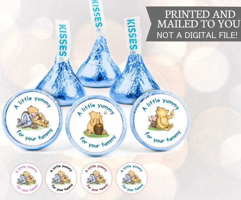Baby Classic Winnie the Pooh Baby Shower or Birthday Hershey Kiss Stickers A little yummy for your tummy 108 per sheet image 1
