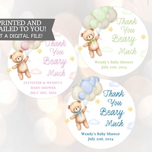 Thank You Beary Much Favor Stickers, teddybeer babyshower bedanklabels, teddybeer babyshower jongen, beer shower meisje