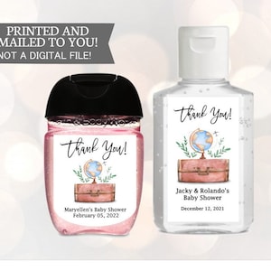 Reisthema Handdesinfecterend middel Labels voor babyshower, Wereldavontuur, Bruidsdouche, Koffer, Douchelabels, Ontsmettingsmiddel Favor Labels, Globe