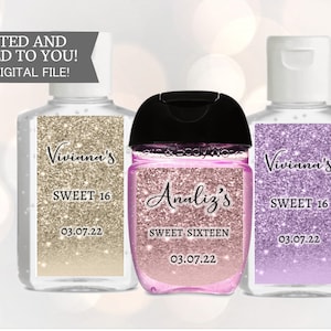 Sweet 16 Hand Sanitizer Labels, Gold l Glitter Sweet Sixteen Party Favor, Quinceanera Hand Sanitizer Label, Brautdusche, NUR LABELS
