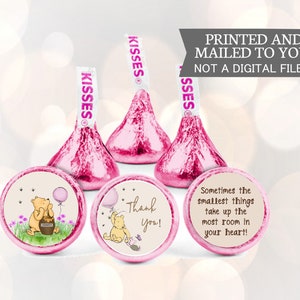 108 pegatinas clásicas de Winnie the Pooh para baby shower o cumpleaños con forma de beso de chocolate, menta
