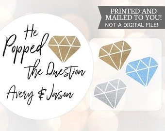 She Said Yes Stickers Engagement Party Stickers Diamond Stickers He Popped the Question Favor Labels Gold Diamond Gemstone Labels Gold Ring