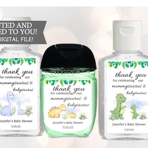 Dinosaurier-Baby-Dusche-Händedesinfektionsmittel, Dino-Party, Dinosaurier-Baby-Dusche-Grün, Laub-Baby-Dusche-Bevorzugung, Dschungel Dankeschön Aufkleber