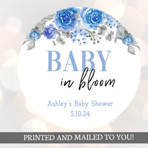Baby in bloei babyshower, bloemen stickers, gunst babyshower, ronde sticker, sticker babyshower meisje, tuinthema