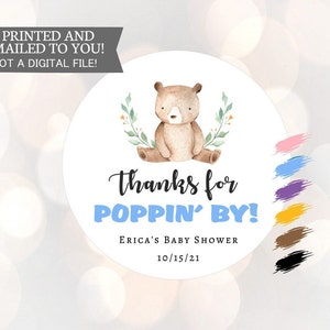Merci pour Poppin' by, Autocollants de baby shower, Ours en peluche, Bleu, Étiquettes de faveur, Verdure, Autocollants de fête de bébé, Garçon, Merci, Popcorn