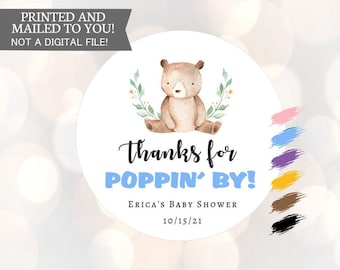 Thanks for Poppin' by, Baby Shower Stickers, Teddy Bear, Blue, Favor Labels,  Greenery, Baby Shower Stickers, Boy, Thank you, Popcorn
