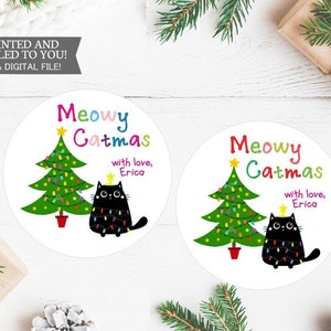 Christmas Stickers, Meowy Catmas, Cat Christmas Gift Labels Whimsical Kitty Christmas Stickers Cat Lovers Gift Packaging Cute Kitty