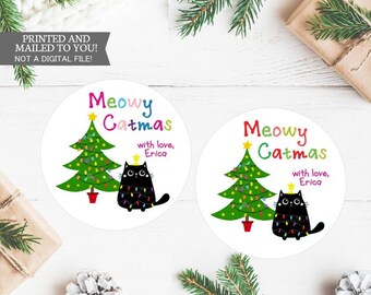 Christmas Stickers, Meowy Catmas, Cat Christmas Gift Labels Whimsical Kitty Christmas Stickers Cat Lovers Gift Packaging Cute Kitty