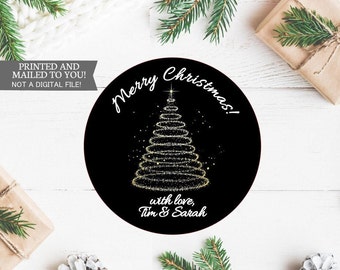Christmas Stickers Gold Tree Black Christmas Gift Tags Holiday Gift Labels Holiday Sticker Christmas Favor Label Custom Christmas Stickers