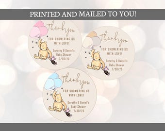Winnie the Pooh Baby Shower, showering us with love, Stickers, Baby Shower, Birthday, Honey Favors, Classic Winnie the Pooh Baby stickers