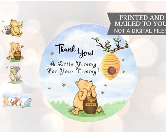 Winnie the Pooh, A little Yummy For Your Tummy, Stickers, Baby Shower, Birthday, Honey Favors, Classic Winnie the Pooh Baby stickers