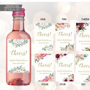 10 etiquetas personalizadas de mini botellas de vino, pegatinas de oro rosa, etiqueta floral vintage, etiqueta adhesiva de ducha nupcial Favor