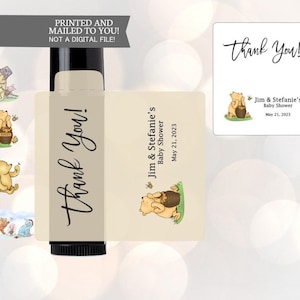 12 lippenbalsemlabels, Winnie de Poeh, bedankt voor je komst, stickers, babyshower, verjaardag, honinggunsten, klassieke Winnie de Poeh Baby