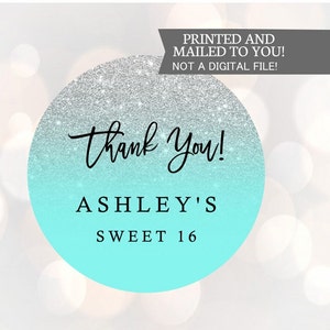 Teal Sweet 16 teal Glitter Ombre, Baby Shower, despedida de soltera gracias pegatinas, dulces dieciséis gracias etiquetas, Faux Glitter Party Favor