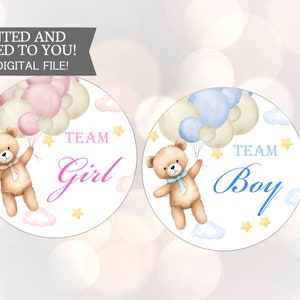 Pegatinas de osito de peluche para revelar el género del equipo niño/niña, etiquetas para revelar el género, pegatinas rosas y azules para revelar el género del equipo bebé.