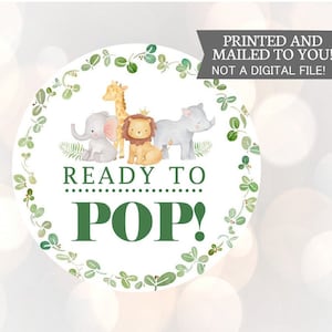 Ready to Pop, Adesivi per baby shower, Giungla, Safari, Blu, Etichette per bomboniere, Grigio, Adesivi per baby shower, Ragazzo, Grazie, Scimmia, Leone