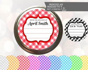 Gingham CUSTOM Kitchen labels, round stickers for canning jars or baked goods, From the Kitchen of sticker personalized  Pick color