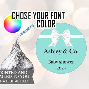 108 Turquoise baby shower gunst etiketten, bruids douche gunst sticker, verjaardagsfeestje gunst label, Baby & Co gunst Tiffany Hershey Kiss