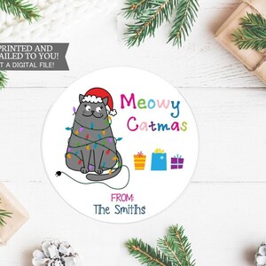 Christmas Stickers, Meowy Catmas, Cat Christmas Gift Labels Whimsical Kitty Christmas Stickers Cat Lovers Gift Packaging Cute Kitty