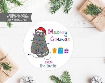Christmas Stickers, Meowy Catmas, Cat Christmas Gift Labels Whimsical Kitty Christmas Stickers Cat Lovers Gift Packaging Cute Kitty