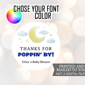 Bedankt voor Poppin' by, Baby Shower Stickers, Moon, Stars, Clouds. Hemel, Blauw, Gunst Labels, Baby Douche Stickers, Jongen, Dank u, Popcorn