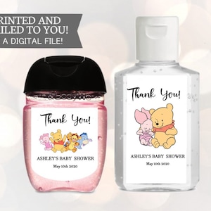 Etykiety na środek dezynfekujący do rąk Baby Pooh na Baby Shower, etykiety na Baby Shower z Kubusiem Puchatkiem i Kłapouchym, etykiety na upominki dezynfekujące, przytulasy, naklejki
