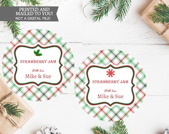 Custom Merry Christmas Jam canning jar labels, Plaid round holiday gift stickers, personalized mason jar labels, jam and jelly jar labels