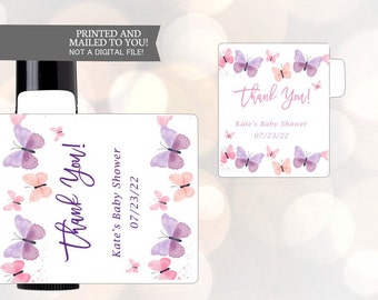 12 Lippenbalsam-Etiketten, rosa Aquarell-Schmetterling-Aufkleber, personalisierte Etiketten für die Babyparty, rosa Schmetterlinge, Danke