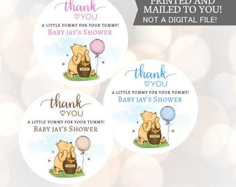 Winnie the Pooh, little yummy for your tummy, Stickers, Baby Shower, Birthday, Honey Favors, Classic Winnie the Pooh Baby stickers