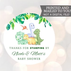 Obrigado por pisar por adesivos de aniversário de dinossauro, etiquetas personalizadas de chá de bebê de dinossauro, favor de agradecimento, etiquetas de festa,