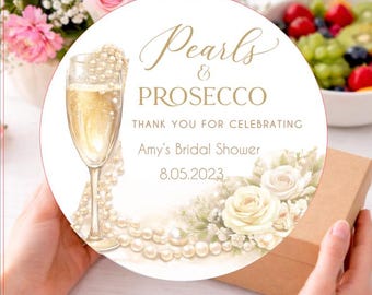 Pearls & Prosecco Bridal Shower Favor Sticker, Pearls and Prosecco Wedding Shower Label, Gold Pearls Champagne Bridal Shower