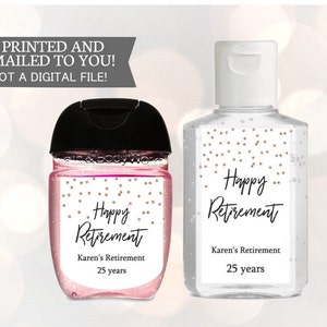 Étiquettes de désinfectant pour la retraite, faveurs de fête de retraite heureuse, autocollants de désinfectant pour les mains, faveurs de retraite noir et or