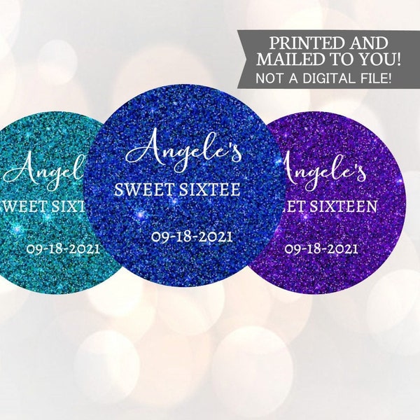 Sweet 16 Royal Blue, Purple, Teal Glitter Thank You Stickers, Sweet Sixteen Gold Thank You Labels, Faux Gold Glitter Party Favor Labels