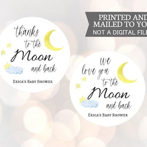 Moon Baby Shower, We houden van je tot de maan, dankzij de maan, Baby Shower Favor Sticker, Moon and Stars, bedankstickers, Verjaardagsgunst