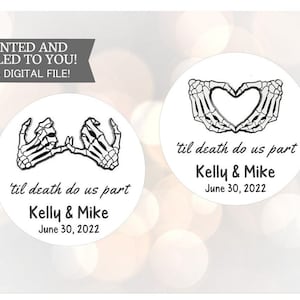 Halloween Til Death Do Us Part Hochzeitsaufkleber, Halloween Hochzeitsaufkleber, Halloween Hochzeitsbevorzugungen, niedliche Skelettbevorzugungen, Aufkleber