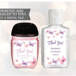Etiquetas de desinfectante de manos de mariposa Baby Shower, pegatinas de mariposa de acuarela rosa, púrpura, etiquetas personalizadas de Baby Shower, mariposas rosas,