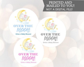 Moon Baby Shower, Elephant We're Over The Moon Baby Shower, Baby Sprinkle Labels, Baby Boy, Favor stickers, Over the Moon, Moon and Stars