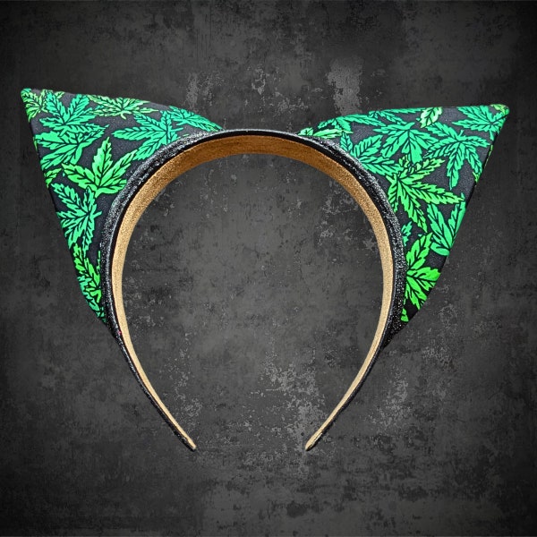 Pointy Ears in Green Leaf Print & Black Fur on Wide Black Glittery Headband-UV/Blacklight Reactive Furry/Rave/Cosplay/Drag-Kitty/Fox/Pup