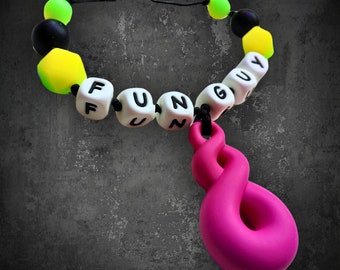 Silicone Bead+Pendant Necklace -'FUN GUY'+Yellow/Green, Black, Pink Twist- Blk String -Hexagon-Food Grade-Breakaway-Letters-Sensory Fidget