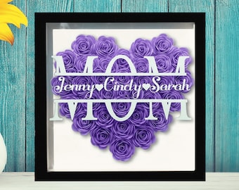 Cadeau cadre cadre Shadowbox coeur de maman, boîte cadeau personnalisée fleurs monogramme, anniversaire de maman, cadeau fête des mères, boîte cadeau fleurs pour maman grand-mère grand-mère