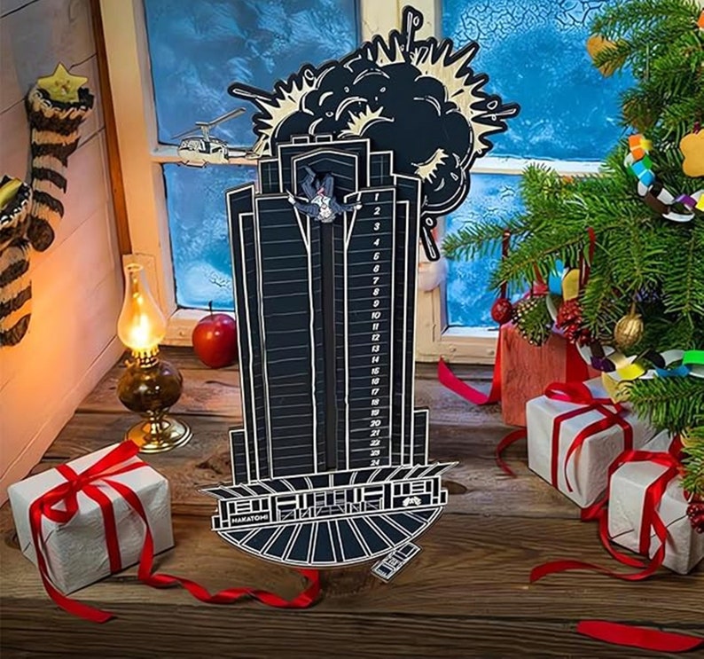 Christmas Die Hard inspired Advent Calendar,Wooden Countdown Advent Calendar,Hans Gruber Falling off Nakatomi Plaza,Christmas Decor Gift image 3