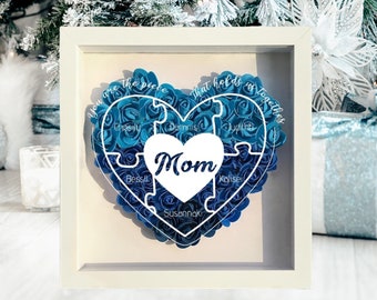Mom Heart Shadowbox Frame,Monogram Flower Shadow Box,Roses Shadowbox with Names,Birthday,Mother's Day, Flower Gift Box For Mom Grandma Nana