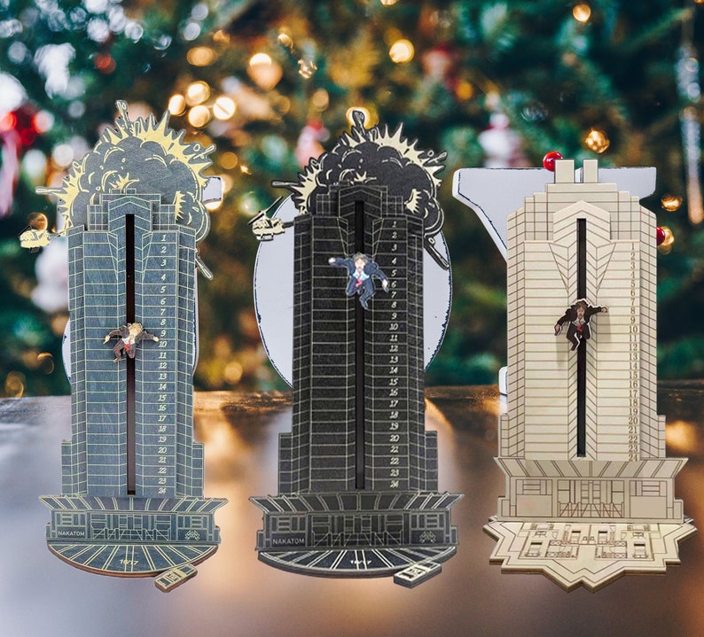 Christmas Die Hard inspired Advent Calendar,Wooden Countdown Advent Calendar,Hans Gruber Falling off Nakatomi Plaza,Christmas Decor Gift image 1