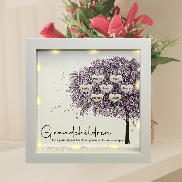 Cadeau cadre Shadowbox pour maman, cadre d'arbre généalogique personnalisé avec lumières LED, nom de famille, anniversaire, cadeau fête des mères pour maman, grand-mère et grand-mère