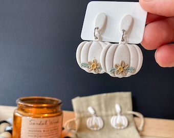 Boho Floral Pumpkin Earrings | Pumpkin Stud Earrings | Polymer Clay Pumpkin Earrings