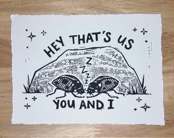 Noah Kahan inspired print. Original Relief Print. Bug Print.