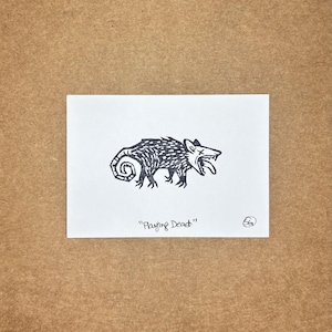 May include: A rectangular white card featuring a black ink illustration of an opossum with its tongue hanging out and an X over one eye. The text "Playing Dead" is written in black ink below the animal, with a small circular artist logo.