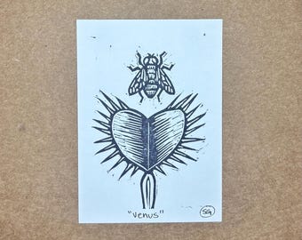 Mini Venus Flytrap Print. Mini Linocut Print. Artist Trading Card Relief Print. Hand Pressed Flytrap Print.
